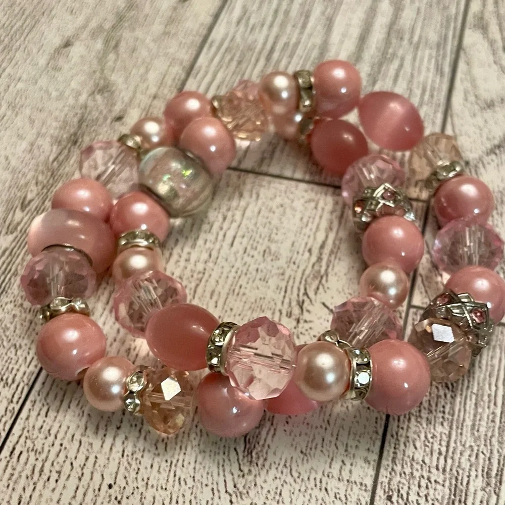 Pink and Silver Crystal Set of 2 gemstone, crystal, Gift, boxed gift, stretch - Picture 6 of 8